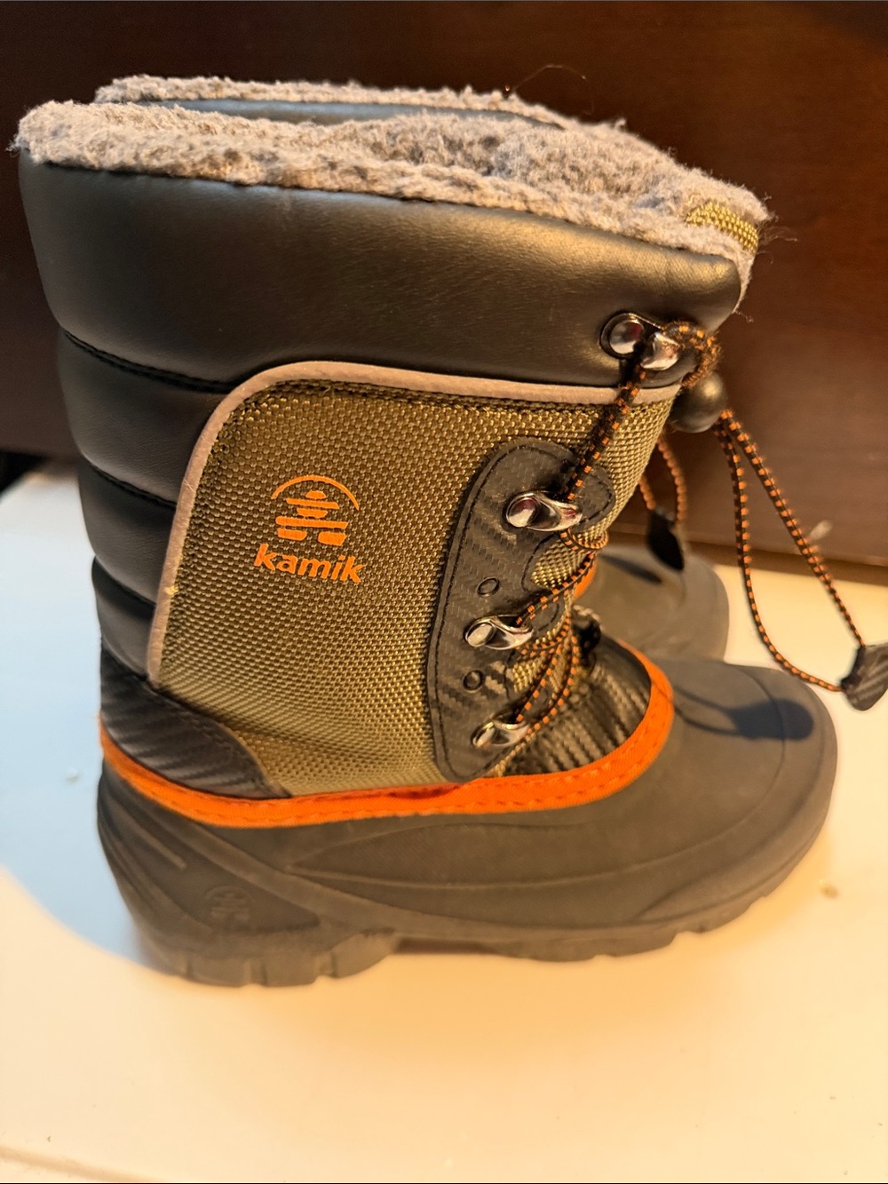 Kamik Kids Olive Green and Orange Accent Snow Boots